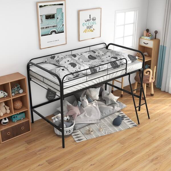 slide 2 of 6, Black Twin Size Metal High Loft Bed with Fence Black