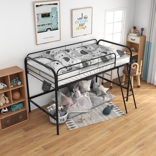 slide 2 of 6, Twin Metal High Loft Bed with Ladder & Fence Black