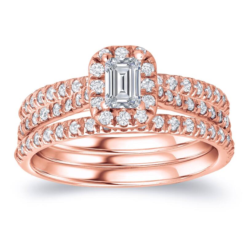 Auriya 1 1/4ctw Emerald-cut Halo Diamond Engagement Ring 3pc Set 14k Gold - Rose - 8.5