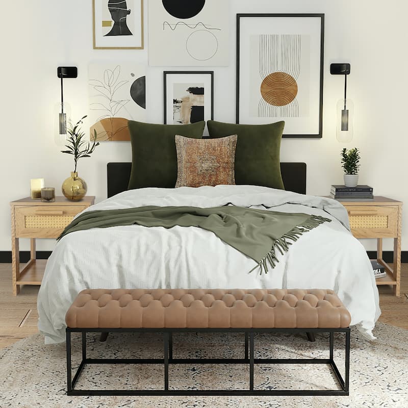 Rattan Design Nightstand with 1 Drawer and 1 open storage shelf,Set of 2