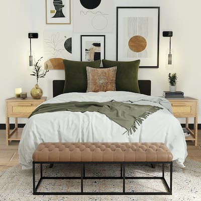 Rattan Double Nightstand , Bohemian Style Bedside Table Storage, Coffee Table with Drawers, Side Table with Open Storage Shelf