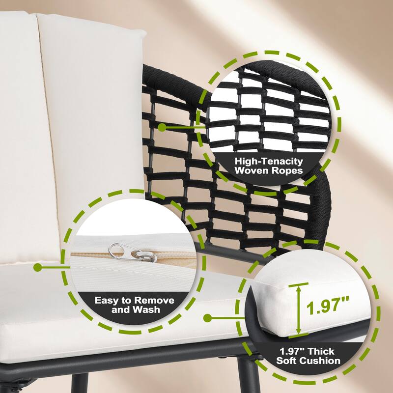 Outdoor 7-Piece Rope and Aluminum Dining Set with Beige Cushions, Black and Beige