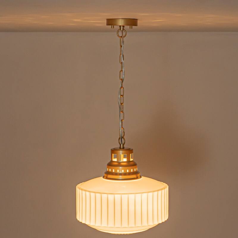 1-Light Mid-Century Modern Brass & White Ribbed Glass Pendant Light for Dining Room - 1 Light - White