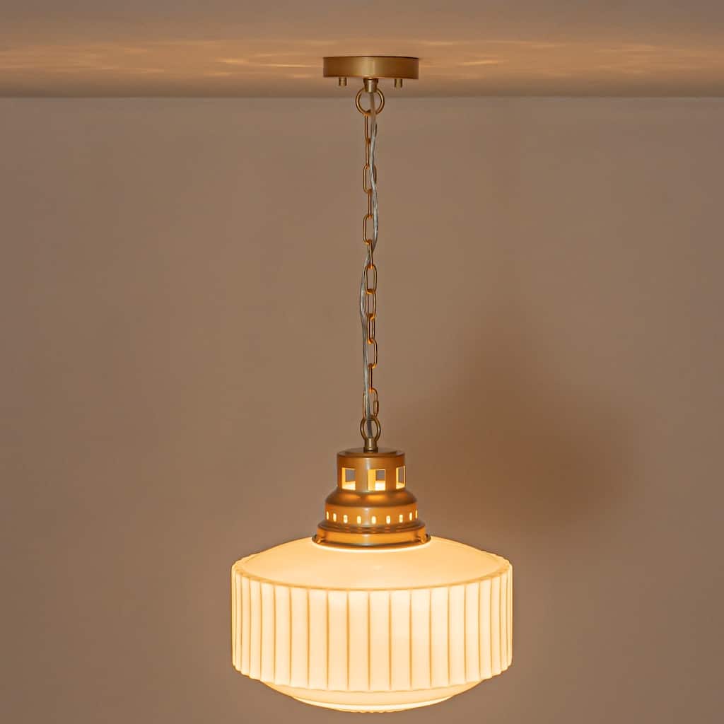1-Light Mid-Century Modern Brass & White Ribbed Glass Pendant Light for Dining Room - 1 Light