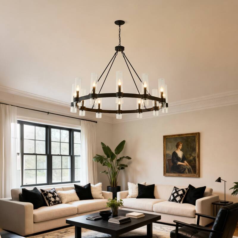43.3''Matte Black Wagon Wheel Chandelier With 12 Lights (No Bulbs)