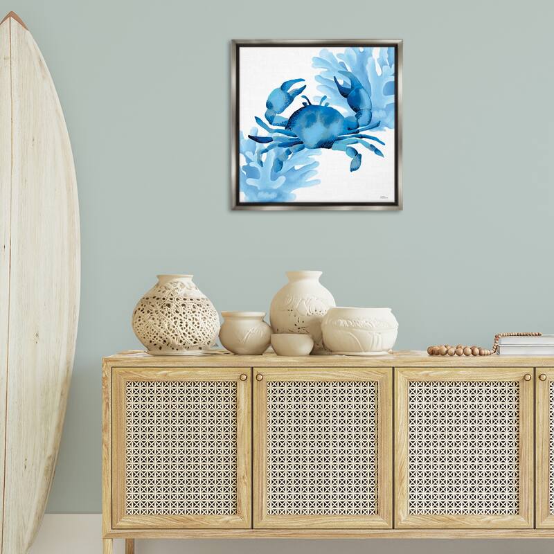 Stupell Blue Tone Crab & Coral Framed Floater Canvas Wall Art Design By Cat Thurman Designs