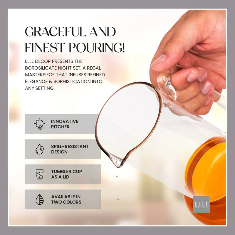 Elle Decor Bedside Pitcher Set Carafe with Cup - 32-Ounce Carafe