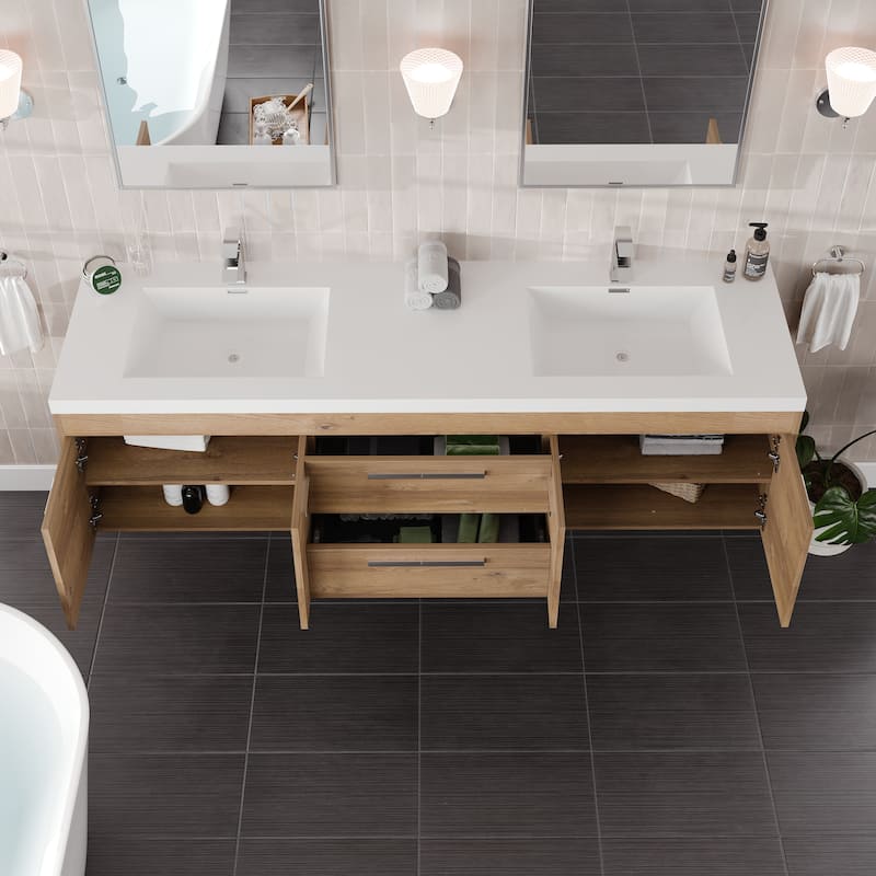 Lugano 72"W Wall Mount Bath Vanity with Acrylic Top & Integrated Sinks