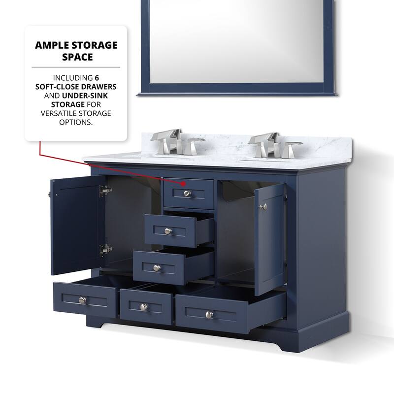 Dukes 48 in. W x 22 in. D Navy Blue Double Bath Vanity, Carrara Marble Top, Faucet Set, and 46 in. Mirror