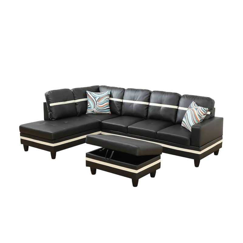 Black And White Semi PU Synthetic Leather 3-Piece Couch Living Room Sofa Set - Black