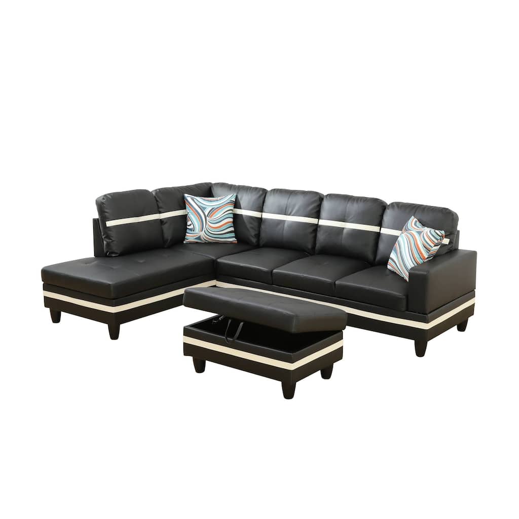 Black And White Semi PU Synthetic Leather 3-Piece Couch Living Room Sofa Set