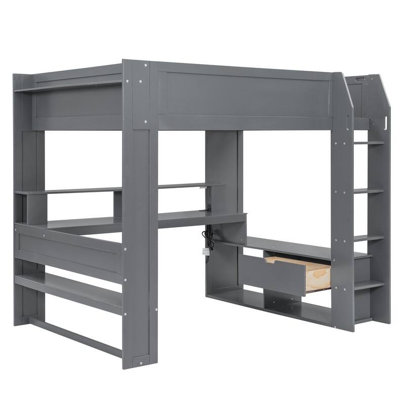 Wood Full Size Gaming Loft Bed with Desk, Multi-storage Shelves, LED and Charging Station, Dark Gray