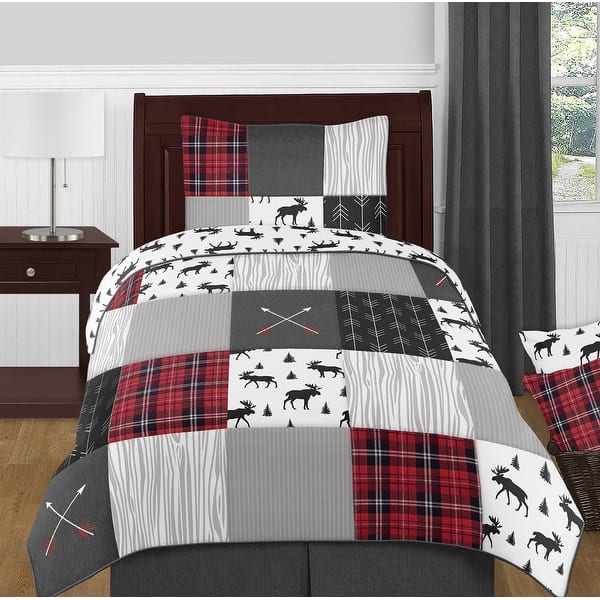 slide 2 of 6, Sweet Jojo Designs Grey, Black and Red Woodland Plaid and Arrow Rustic Patch Collection Boy 2 Piece Twin-size Comforter Set