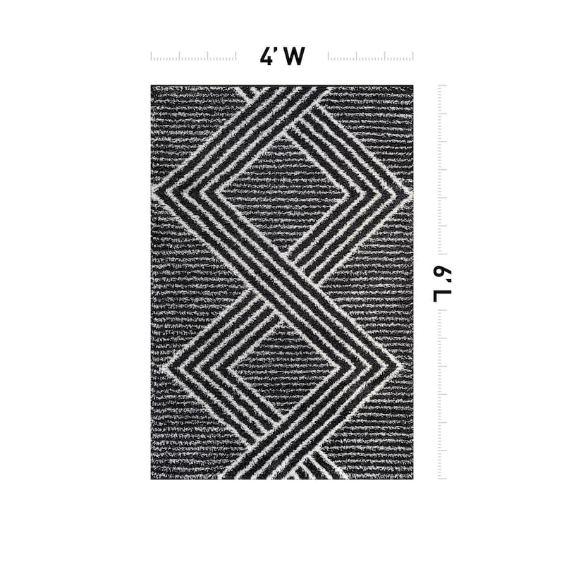 Abstract Geometric Shag Rug - Anthracite Dark Gray - Medium Pile Rug - Kid & Pet Friendly