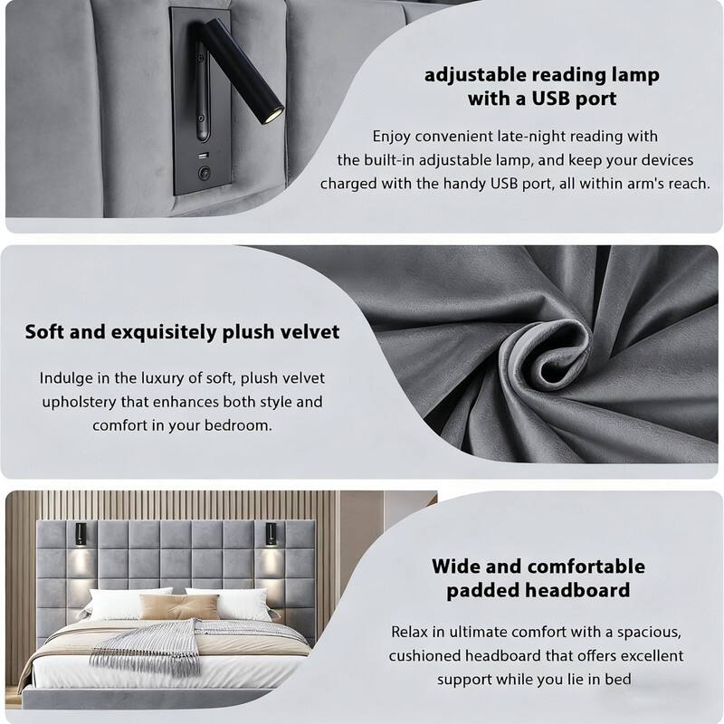 3-Pieces Bedroom Sets,Velvet Upholstered Bed with Grid Pattern Padded Headboard, Nightstands Set of 2 with 2 Drawers