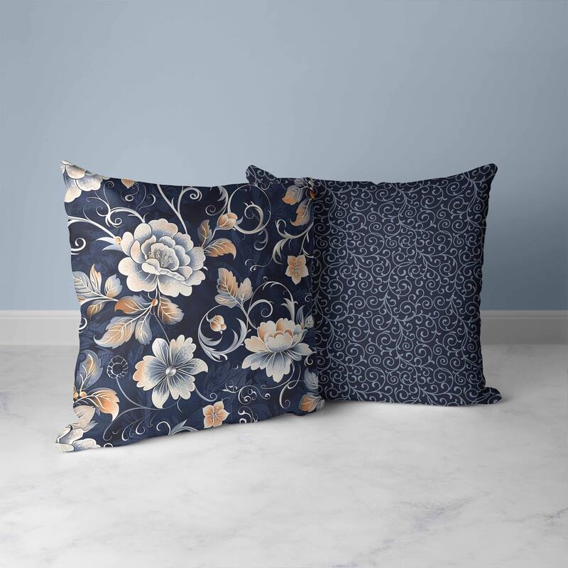 Curled Floral Vines Faux Suede Reversible Throw Pillow Blue and Peach