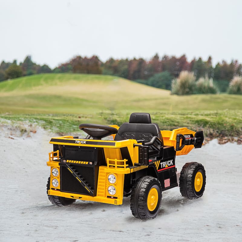 12V Kids Ride-On Dump Truck with Automatic Dump Bed, Spring Suspension, LED Headlights, Music Player, and Shovel - Yellow
