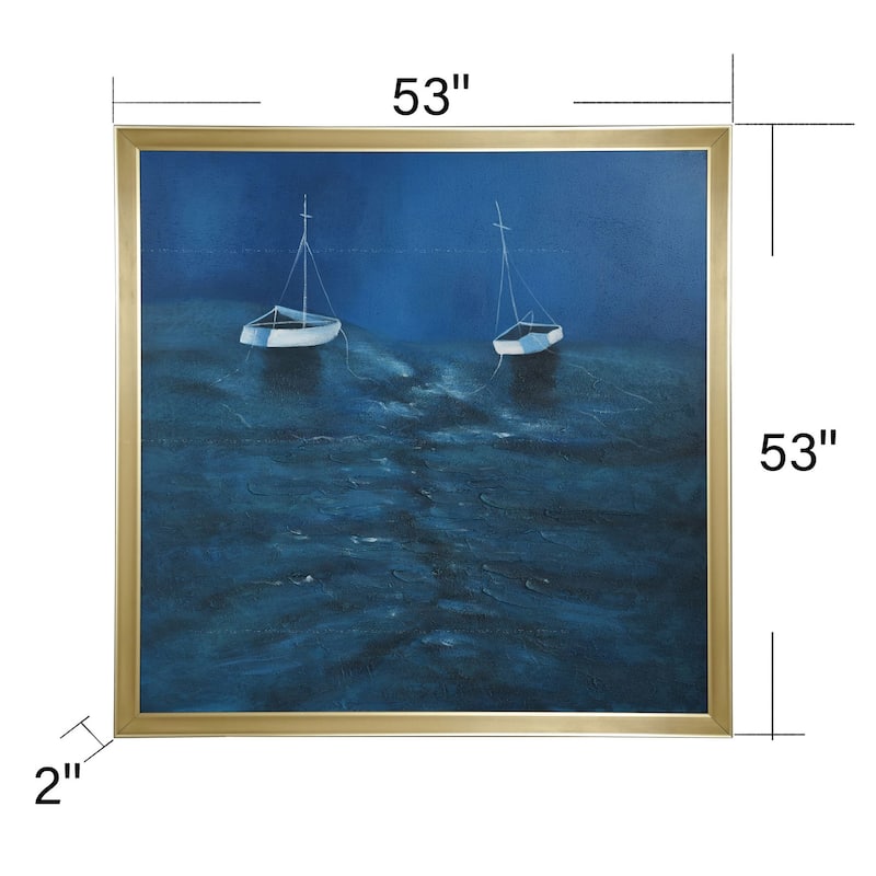 Blue Water Sailboat - Coastal Hand Painted Frame Canvas Wall Art - Gold Frame