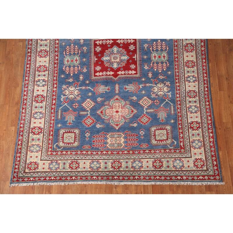 Geometric Kazak Area Rug Hand-Knotted Blue Wool Carpet - 6'7" x 9'8"