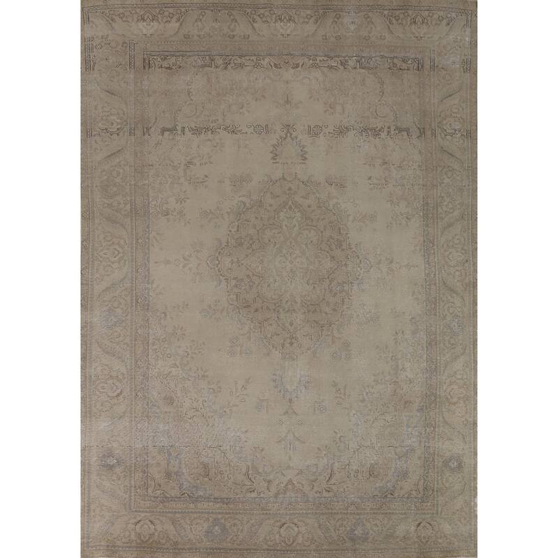 Tabriz Persian Vintage Rug Hand-Knotted Beige Geometric Wool Carpet - 9'2"x 13'0"