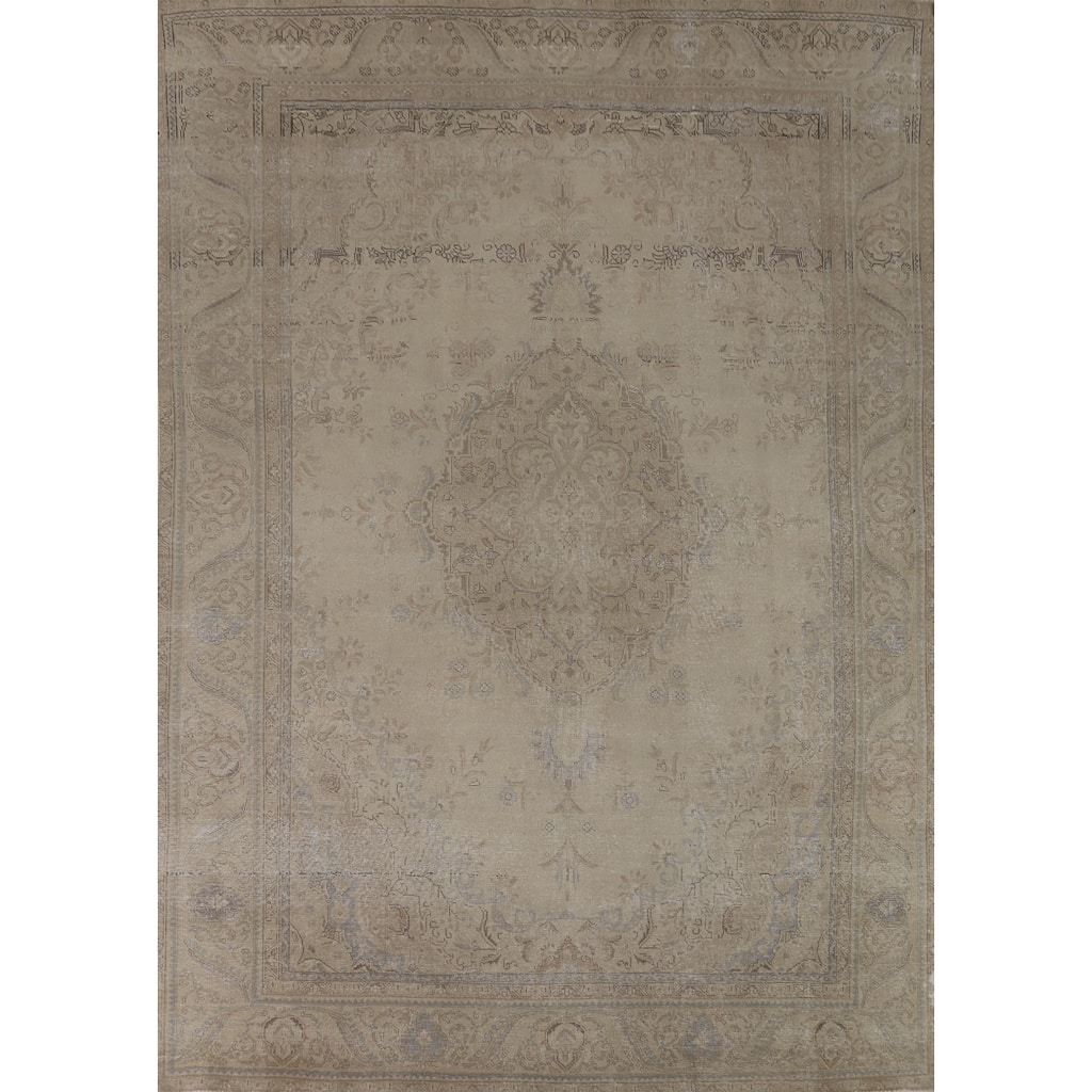 Tabriz Persian Vintage Rug Hand-Knotted Beige Geometric Wool Carpet - 9'2"x 13'0"