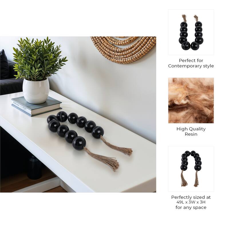 Resin Decorative Carved Beads with Tassels Modern Accent - 49" Black - 49" x 3" x 3"