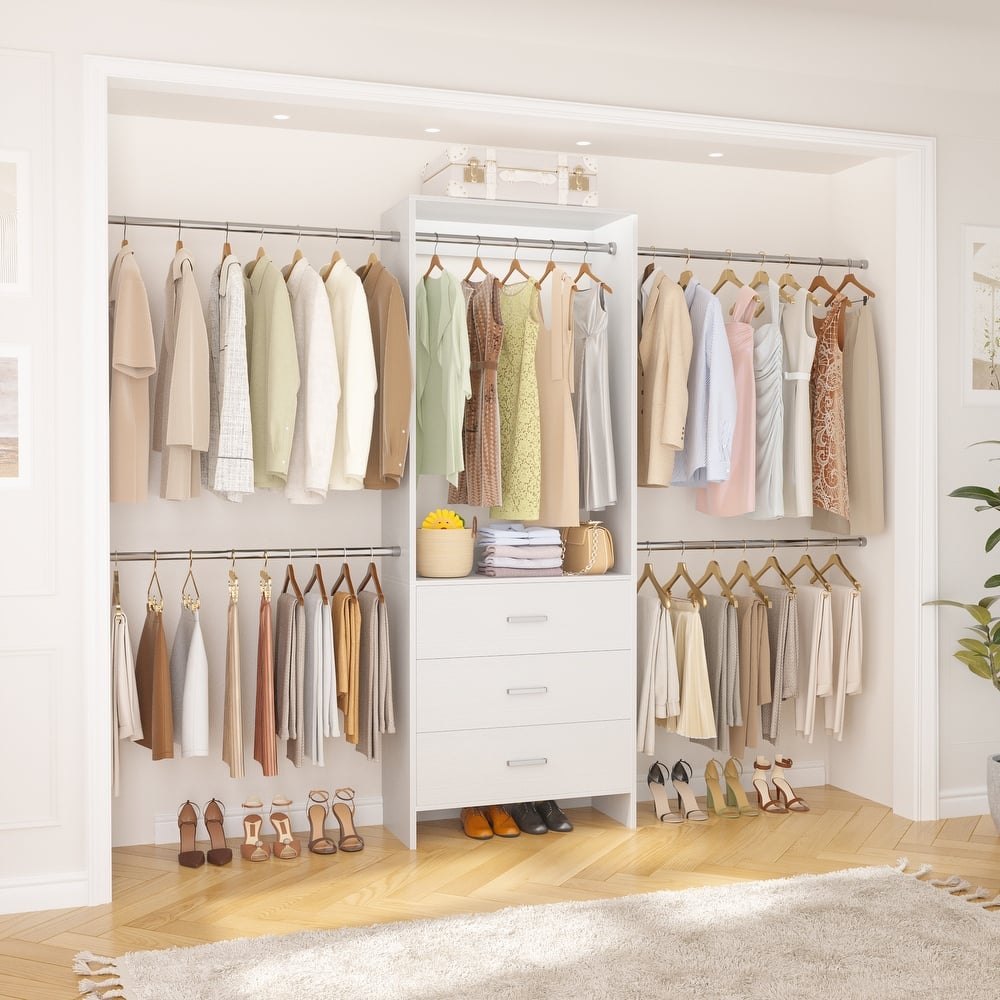 Cimly 118'' Closet Organizer with 3 Wooden Drawers, Adjustable Closet System with 5 Hanging Rods