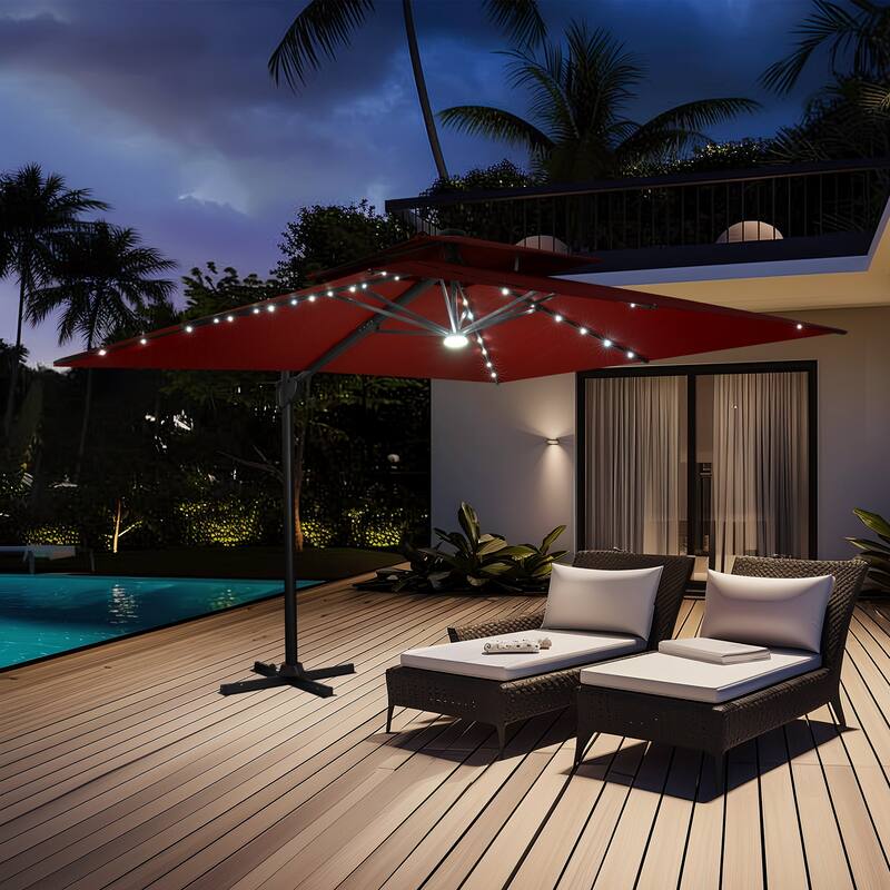 9 FT x 11 FT Outdoor Double Top LED Lighted Patio Cantilever Umbrella