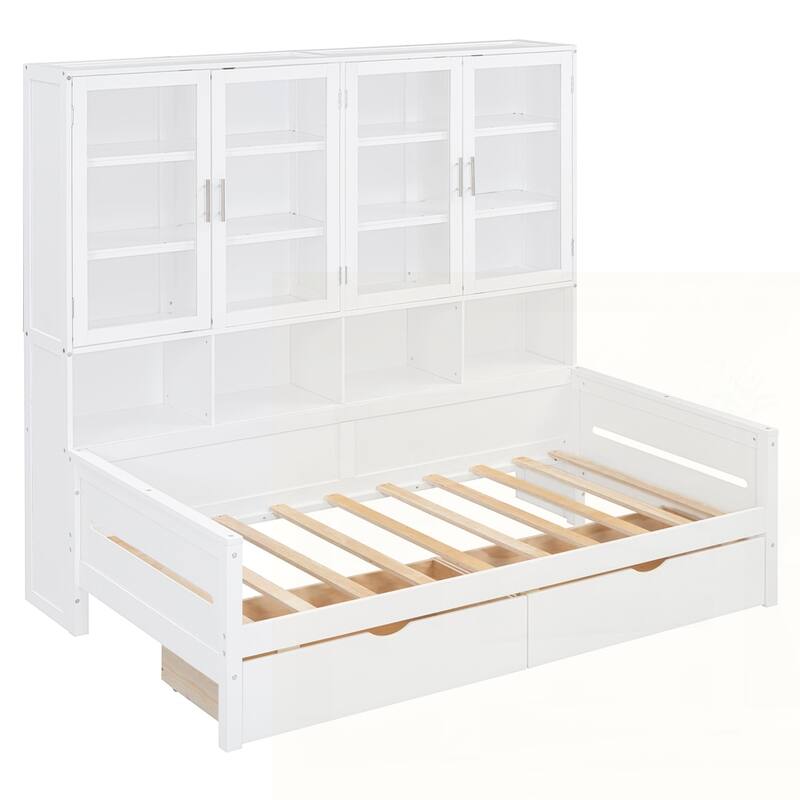 Wooden Daybed with Glass-Door Storage Cabinets and Built-in LED Lighting