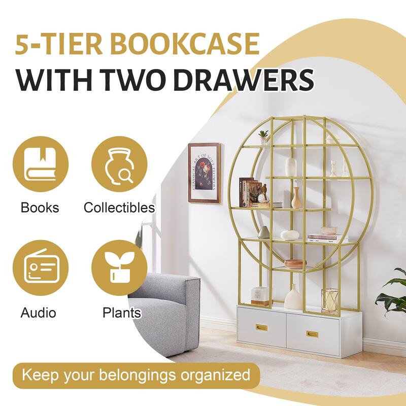70.8 Inch Round Bookcase Bookshelf,Display Shelf,Two Drawers,Gold Frame