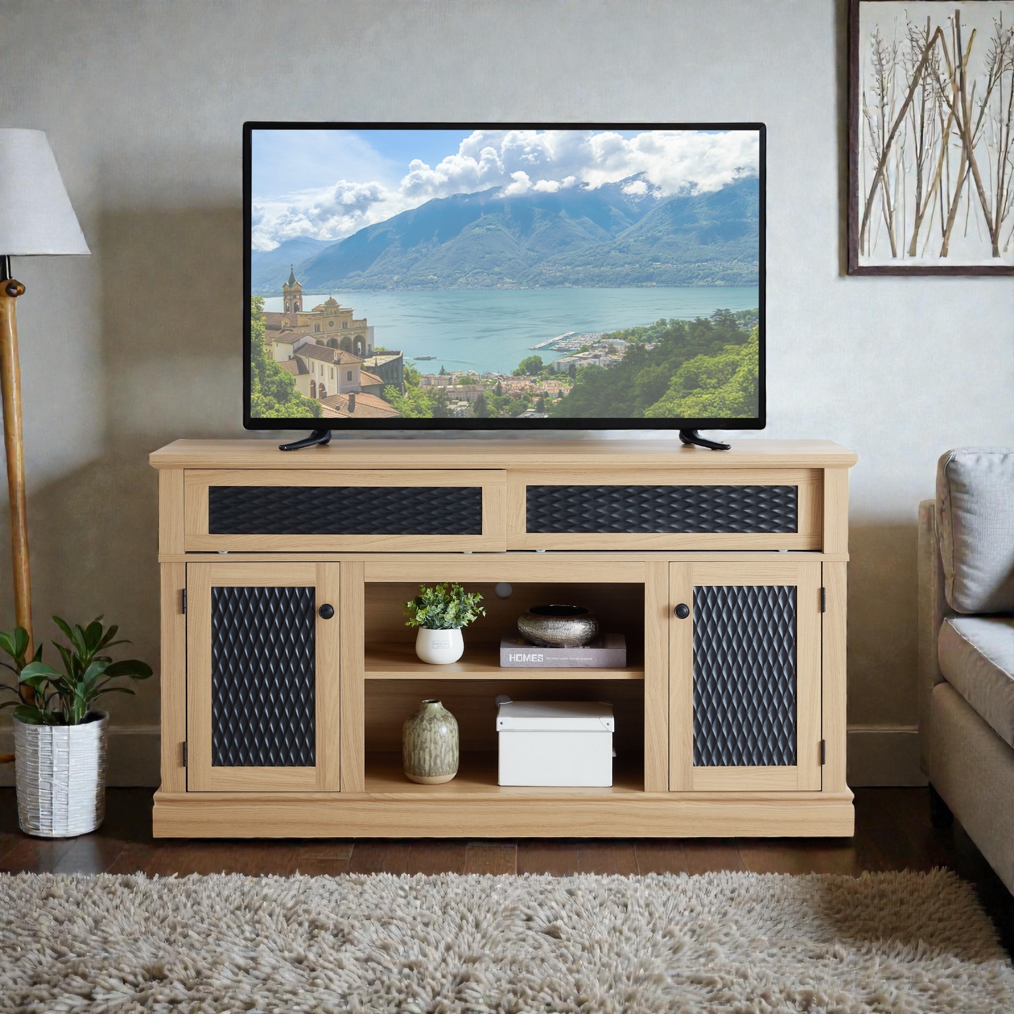 58 Inch Embossed Pattern TV Stand for TVs up to 65 Inch, Media Console with Sliding Door, Open Storage & Cable Management