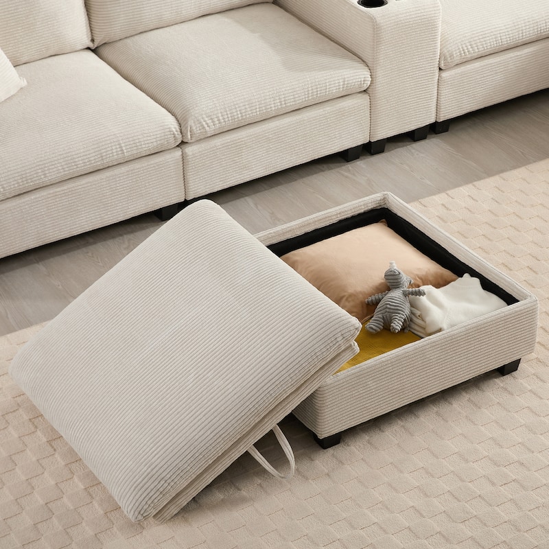 U-Shaped Chenille Upholstered Storage Sofa w/ Ottoman, Cup Holder, USB
