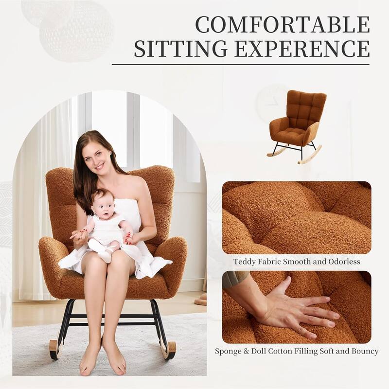 Modern Teddy Rocking Chair for Nursery, Upholstered Glider with High Back