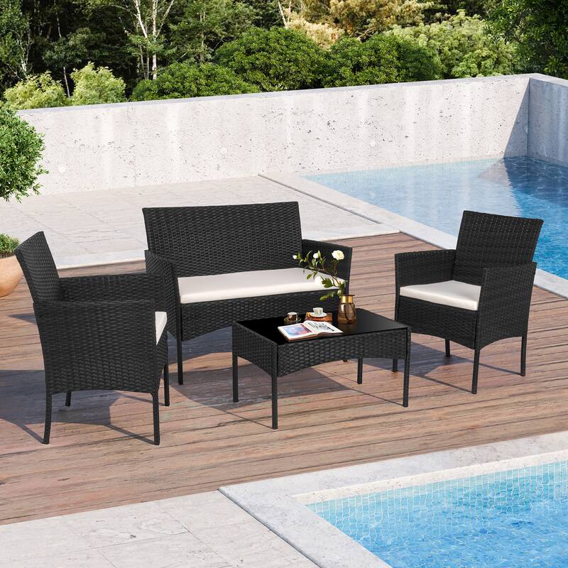 4-Piece Outdoor Patio Conversation Set, PE Wicker Chair & Table Set