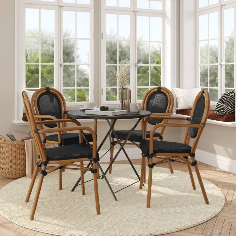 4 Pack All-Weather Commercial Paris Chairs with Arms and metal Frames - BlackNaturalFrame
