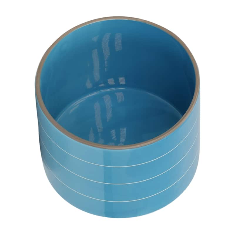 Sagebrook Home Ceramic Planter on Wooden Base Contemporary Coastal Sky Blue and White Striped Design Indoor or Outdoor