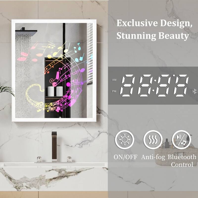Illuminated LED Wall Mirrored Bathroom Storage Medicine Cabinet with Shaver Socket Bluetooth Anti-Fog Lighted Mirror Cabinet