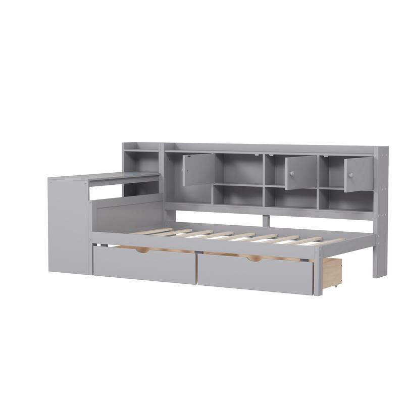 Wooden Daybed with Seven Storage Cabinets and Two Storage Drawers, Multi-functional Bed with Study Desk