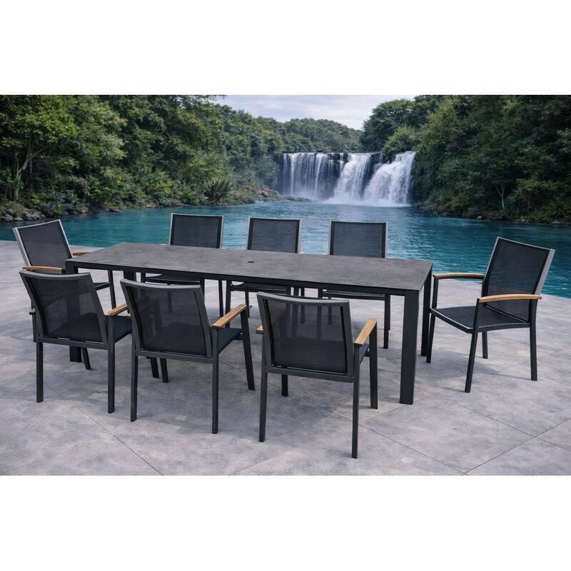 Bernini Dark Grey 9-Piece Aluminum Outdoor Dining Set with Sling Set in Smoke Grey - N/A