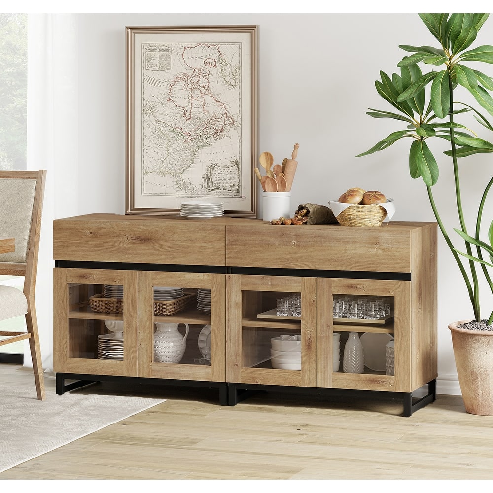 WAMPAT Multifunctional Sideboard Buffet Cabinets with 6 Glass Doors and Drawers, Modern Sideboard, Coffee Bar Storage Cabinet