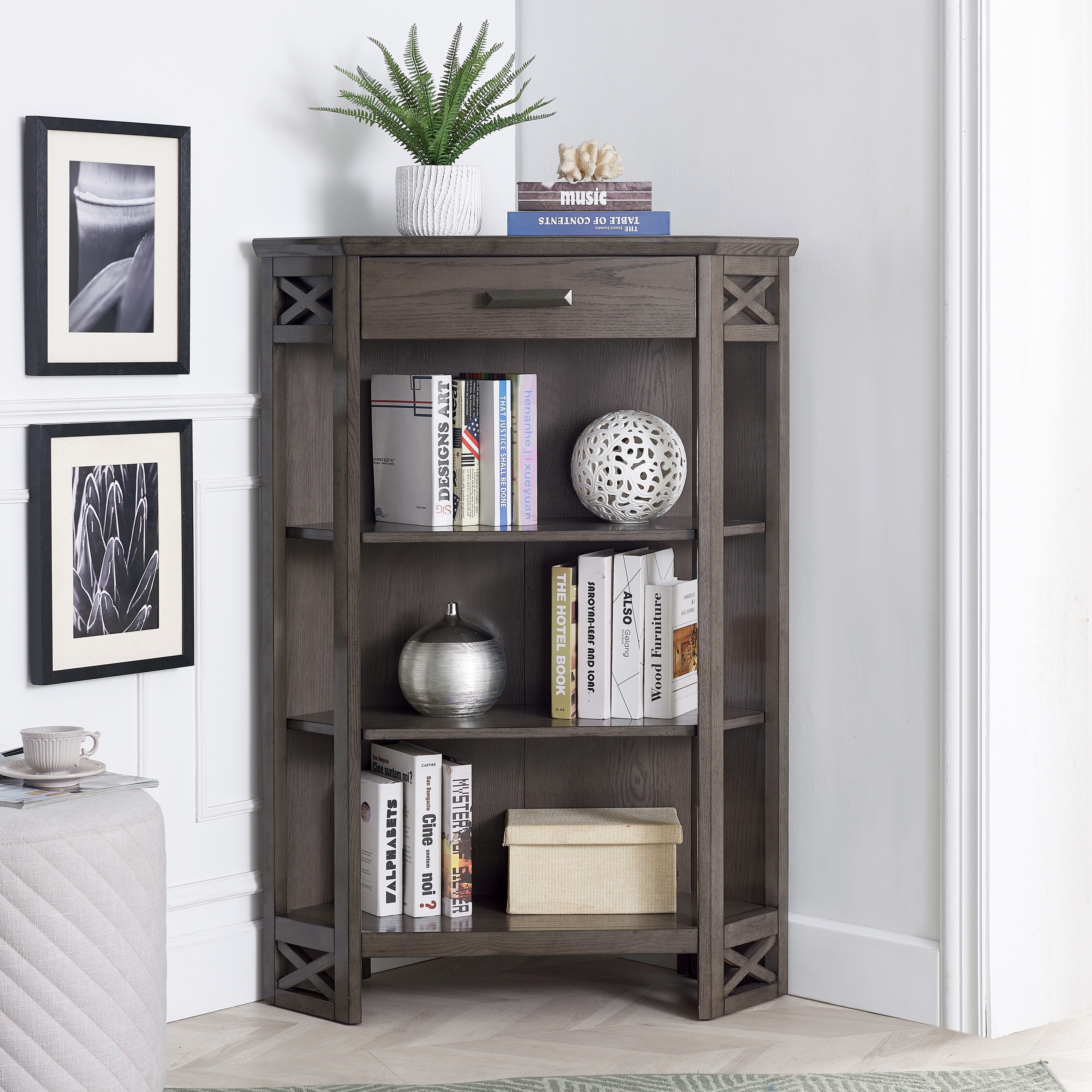 Leick Home Mantel Height 3-Shelf Corner Bookcase with Drawer