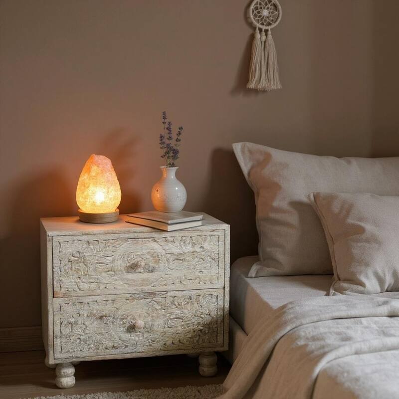 HomeRoots 24" Natural And White Solid Wood Distressed Carved Scrollwork Two Drawer Nightstand - White/Natural - 2-drawer