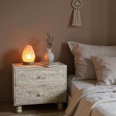 HomeRoots 24" Natural And White Solid Wood Distressed Carved Scrollwork Two Drawer Nightstand