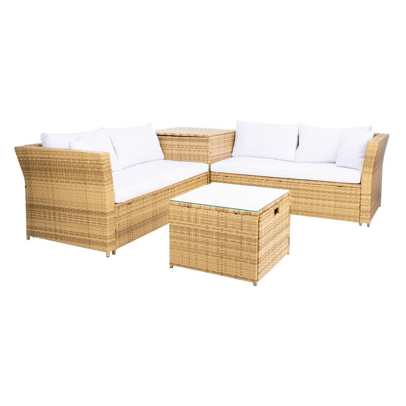 SAFAVIEH Helga Outdoor 4-Piece Conversation Patio Set with Storage - 57"W x 31"D x 26"H