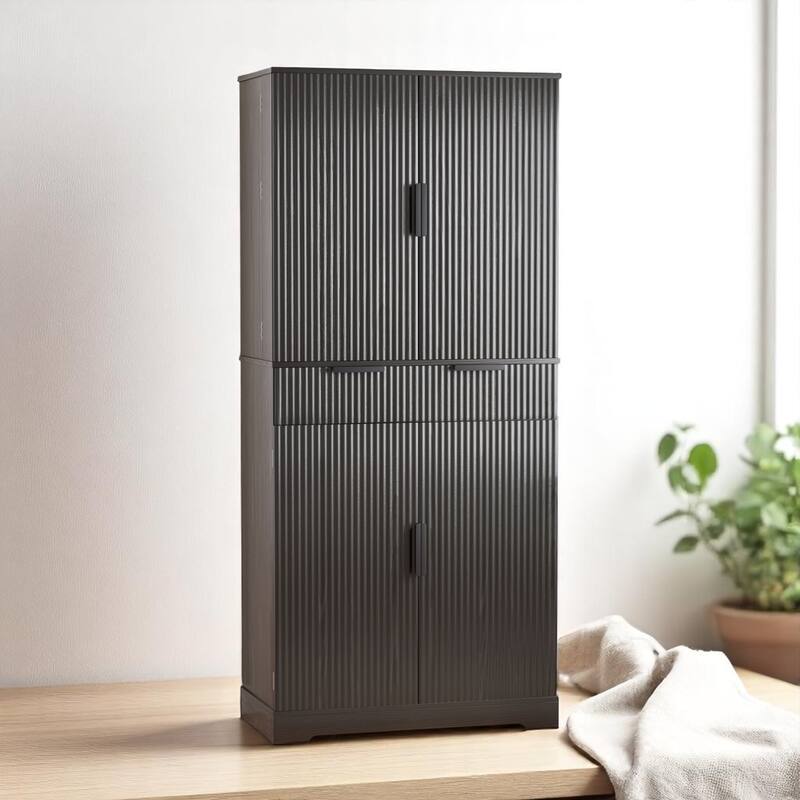 Tall Kitchen Pantry Cabinet with Fluted Doors, 3 Slide-Out Drawers & Door Spice Racks, 72" Freestanding Cupboard - Black