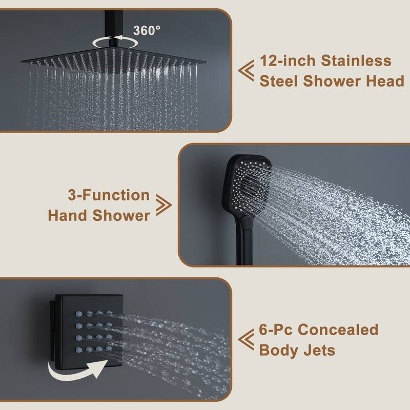 Celling Mount 12 Inch Rainfall Shower Head 3 Function Thermostatic Shower System with 6 Body Jets