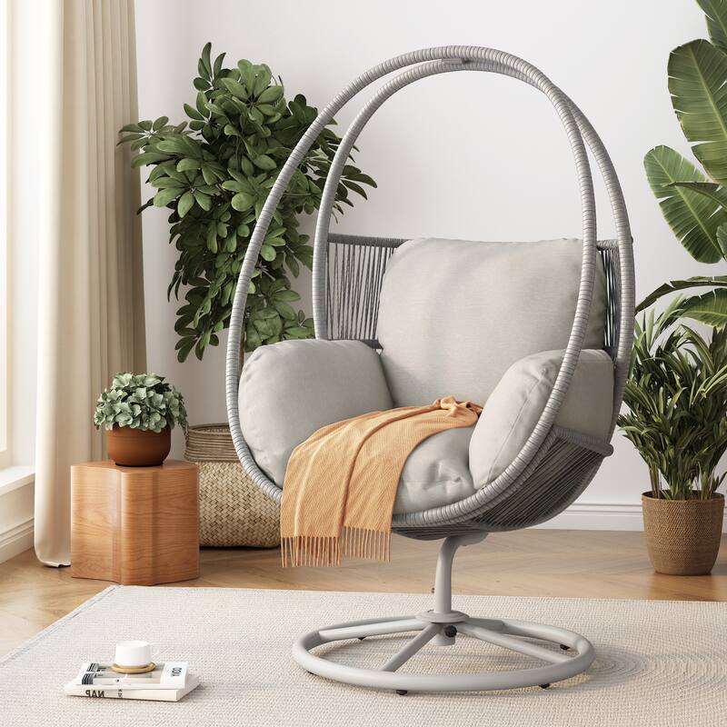 Anmytek Outdoor Patio Furniture Light Gray Wicker 360 Swivel Lounge Chair Iron Frame Waterproof Polyester Cushions - Light Gray