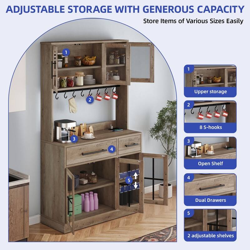 71" Tall Kitchen Pantry Hutch Storage Cabinet with Power Outlet,Freestanding Cupboard Storage Buffet with Drawers & Glass Doors