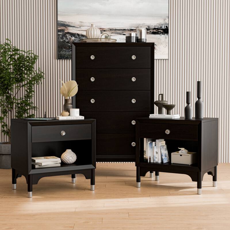 Furniture of America Forma Mid-Century Modern 3-Piece Black Chest and 2 Nightstand Bedroom Set - Black