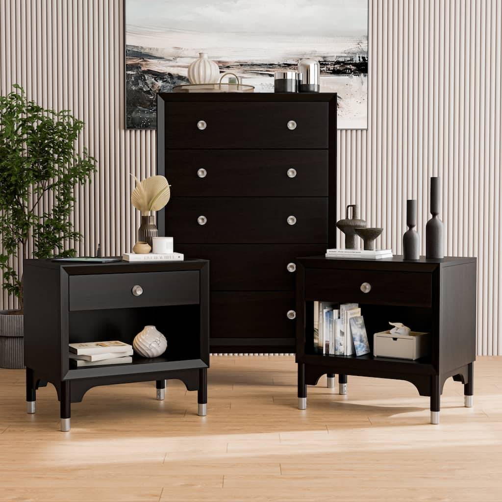 Furniture of America Forma Mid-Century Modern 3-Piece Black Chest and 2 Nightstand Bedroom Set